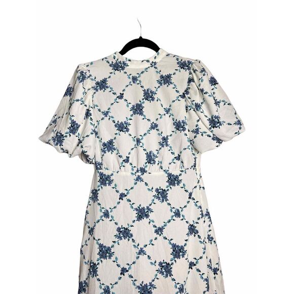 VERO MODA Puff Sleeve Midi Ruffle High Neck Tea Dress Floral in White Large NWT - Picture 4 of 10